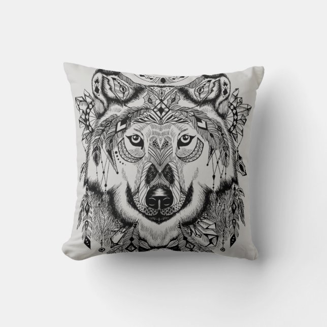 Coussin Loup tribal indien (Recto)