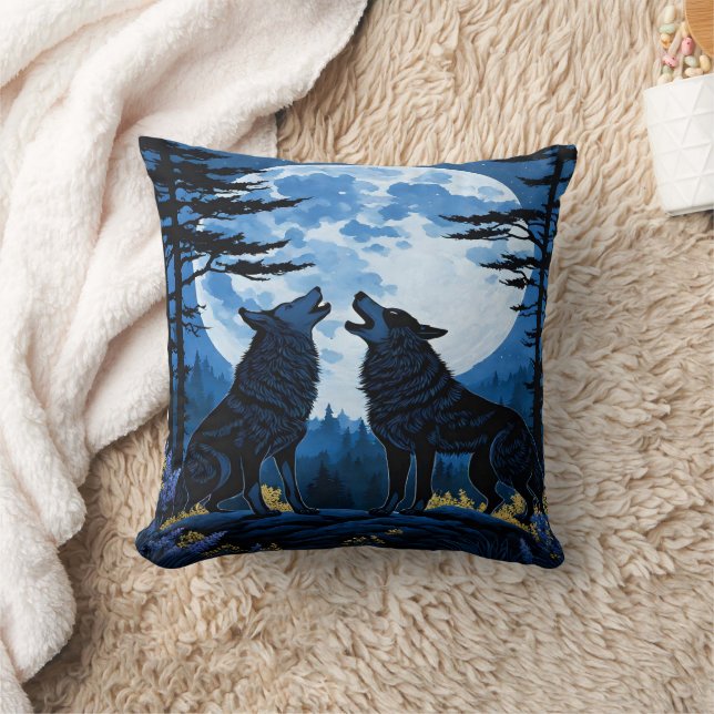 Coussin Loups hurlant sous une Pleine lune à la nuit (Couverture)