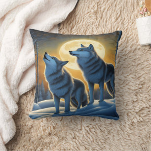 Coussin Loups hurlant sous une Pleine lune en hiver