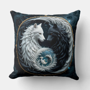 Coussin Loups noirs et blancs dans le symbole cosmique du