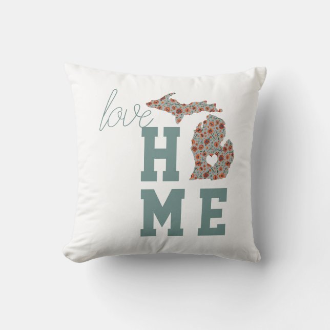 Coussin Love Home État Du Michigan Avec Des Pavots Floral (Recto)