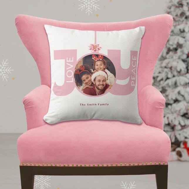 Coussin Love Peace Joy Pink Poinsettia Photo de Noël (Créateur téléchargé)