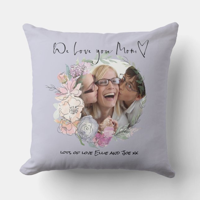 Coussin Love you Mom Script Coeur Photo Florales Nom Lilac (Recto)