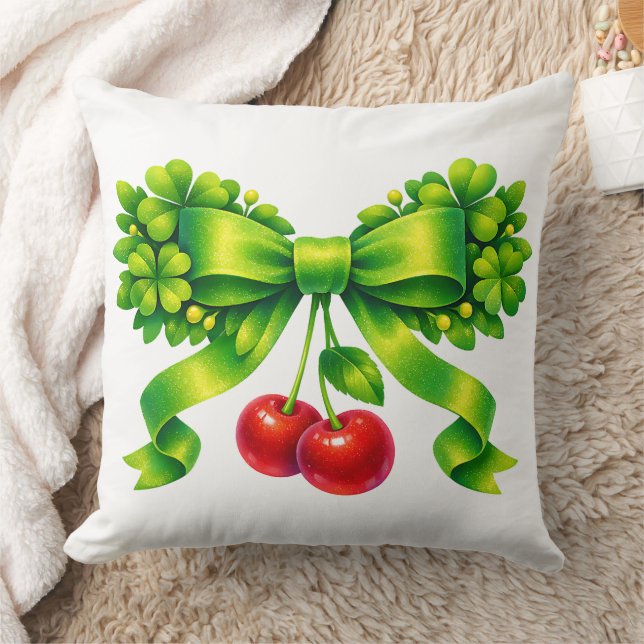 Coussin Lucky Clover Bow with Cherries Green Design (Couverture)