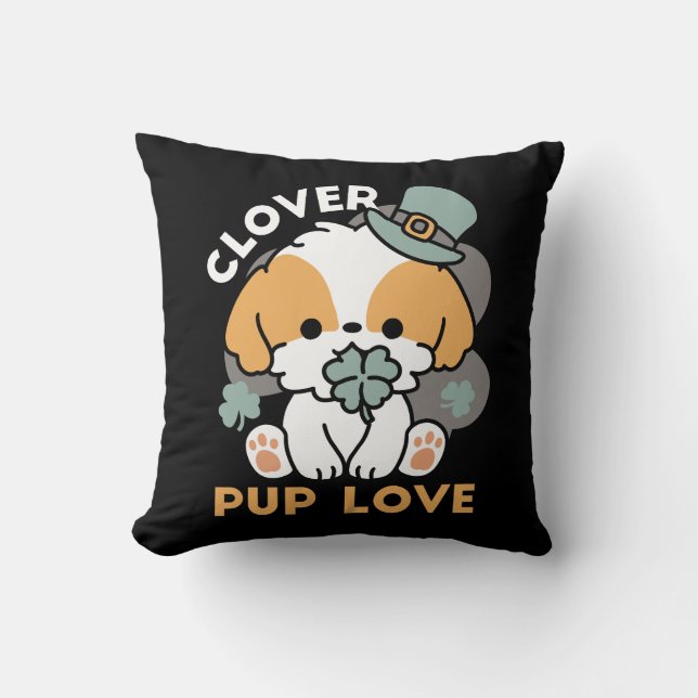 Coussin Lucky Pup with Clover - St. Patrick's Day Cadeau (Recto)