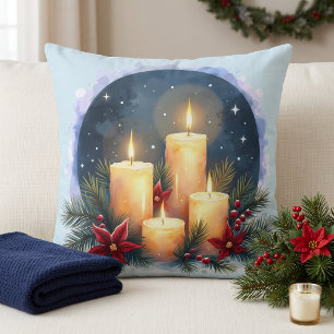 Coussin Lueur de bougie de Noël avec poinsettias