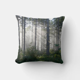 Coussin Lumière du soleil traversant une forêt brumeuse