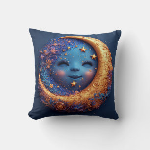 Coussin Lune de croissant lunaire avec un visage souriant