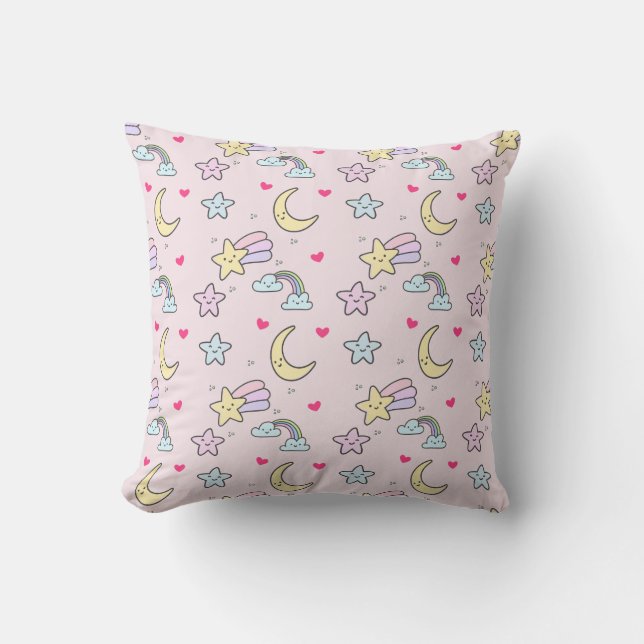 Coussin Lune, étoiles et nuages Motif sur Pastel Pink (Recto)