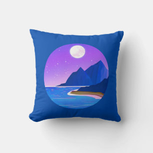Coussin Lune, Etoiles Mer et Montagnes en Violet et Bleu