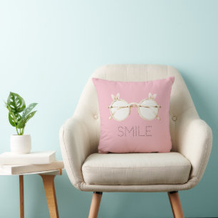 Coussin Lunettes à oreilles de lapin blanches roses sourir