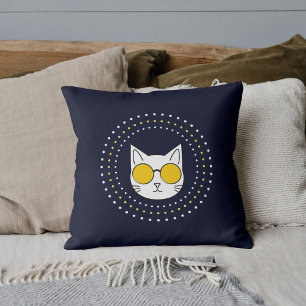 Coussin Lunettes De Soleil Chat Et Pied En Bleu Jaune Blan