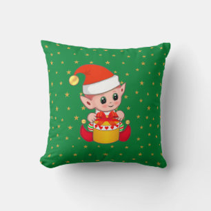 Coussin Lutin de Noël et étoiles sur fond vert