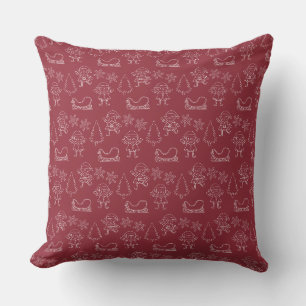 Coussin Lutins et flocons de neige de doodle de Noël Rouge