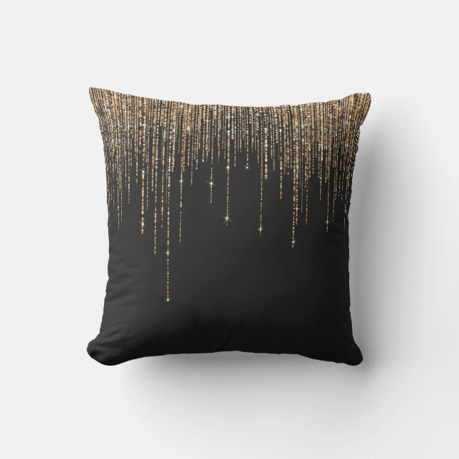 Coussin Luxe Chic Black Gold Fringe Parties scintillant ét (Recto)