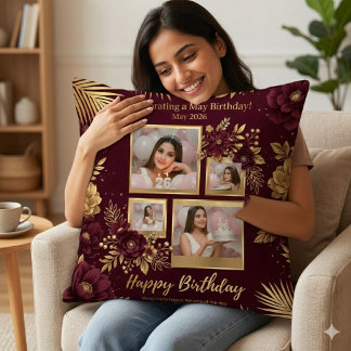 Coussin Luxury Burgundy and Gold May Birthday Photo Collag