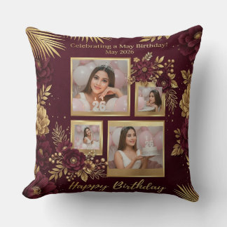Coussin Luxury Burgundy and Gold May Birthday Photo Collag