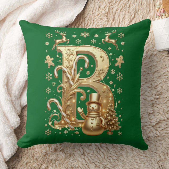 Coussin Luxury Gold Letter B Snowman Green Throw Pillow (Couverture)