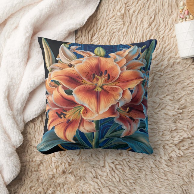 Coussin Lys orange fleurissent sur bleu (Couverture)