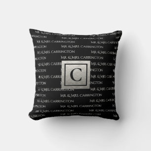 Coussin M. et Mme Nom Monogramme Noir Blanc