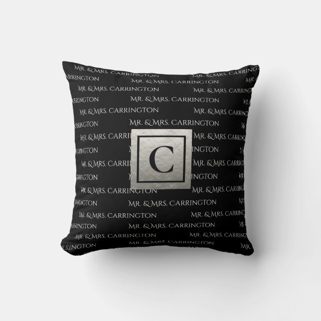 Coussin M. et Mme Nom Monogramme Noir Blanc (Recto)