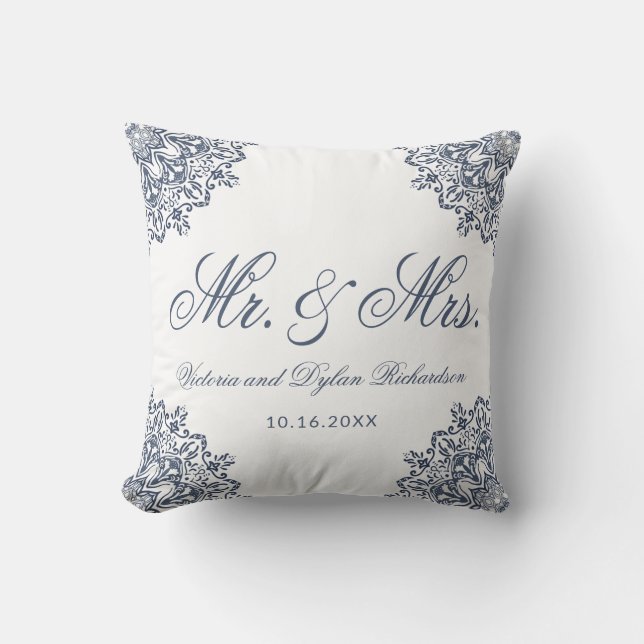 Coussin M. & Mme Mariage Blanc Bleu Élégant Script (Recto)