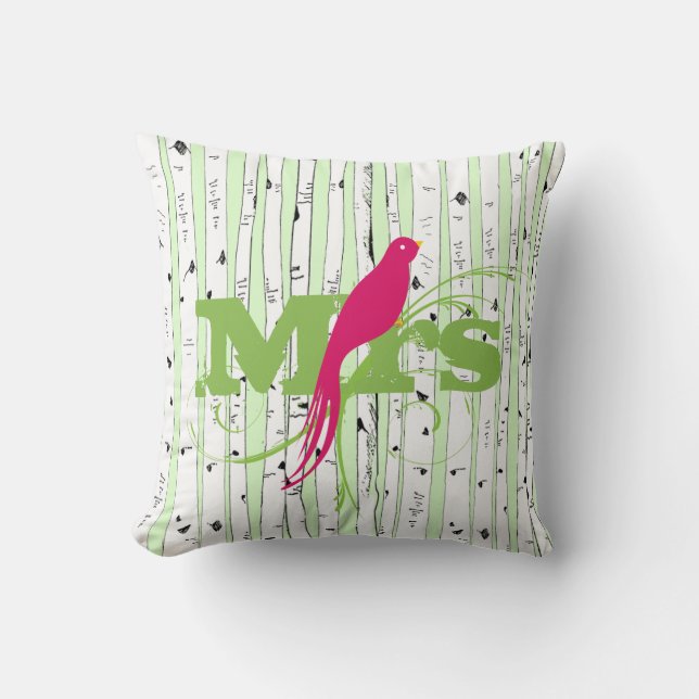 Coussin M. Mme Spring Green et Fuchsia Birch Tree Bird (Recto)