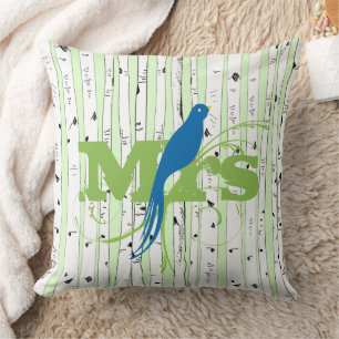 Coussin M. Mme Spring Green et Royal Blue Birch Tree Bird