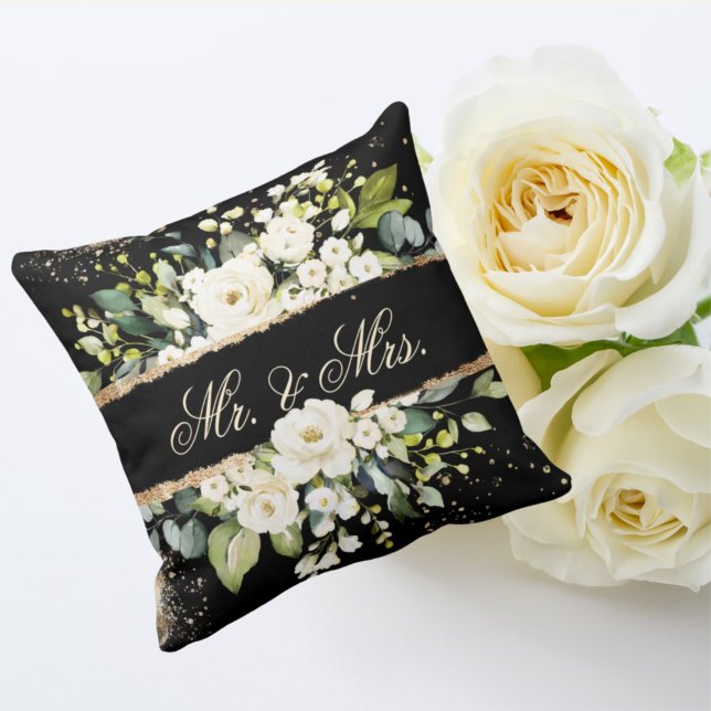 Coussin M. & Mme White Gold Botanical Floral Black Rustic (Créateur téléchargé)