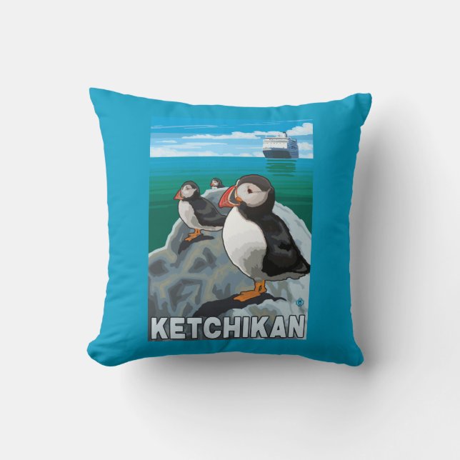Coussin Macareux et bateau de croisière - Ketchikan, (Recto)