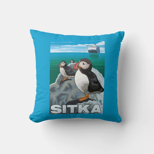 Coussin Macareux et bateau de croisière - Sitka, Alaska (Recto)