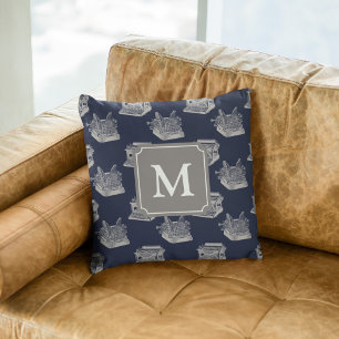 Coussin Machine à écrire Vintage Monogramme bleu personnal