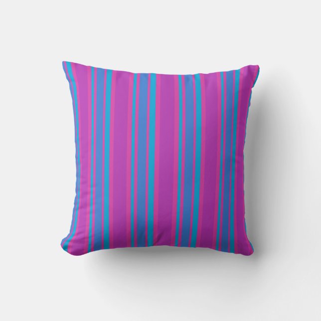 Coussin Magenta, Violet, Bleu Lumineux, Rayures Turquoise (Recto)