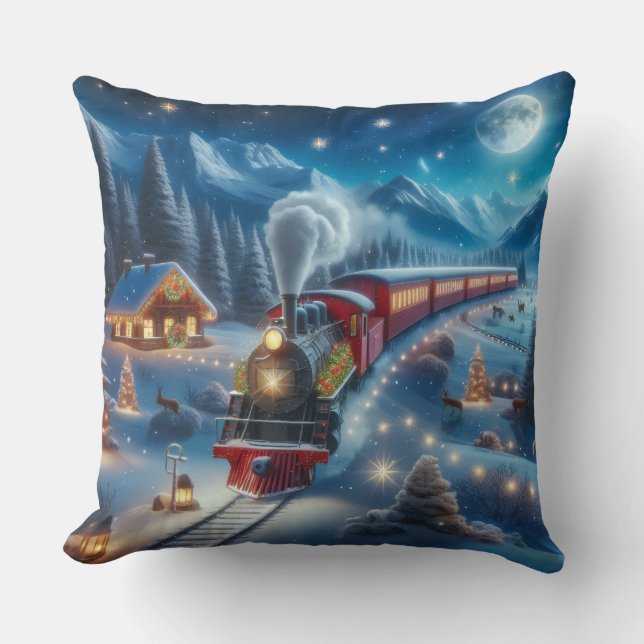 Coussin Magical Snowy Christmas Train Winter Scene (Recto)
