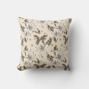 Coussin Magnifique motif de fleurs brun clair