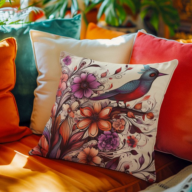 Coussin Magnifique oiseau rouge et fleuri été (Gorgeous Red bird and floral Summer Throw Pillow)