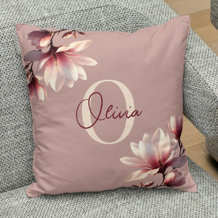 Coussin Magnolia Élégant Monogramme Rose 