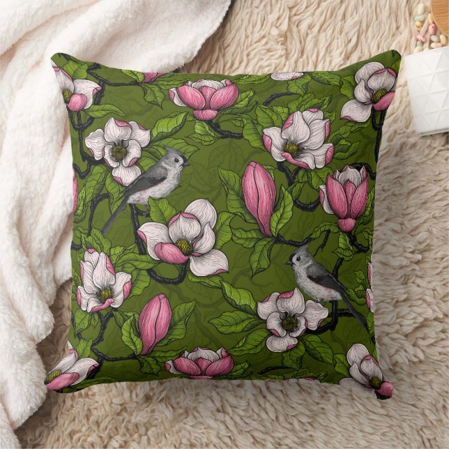 Coussin Magnolia en floraison et oiseau de tireur 2 (Couverture)