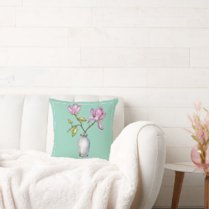 Coussin Magnolia Rose Élégant Aquarelle