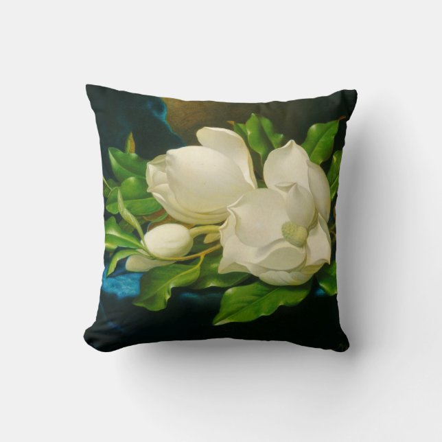 Coussin Magnolias géant sur un tissu de velours bleu (tête (Recto)