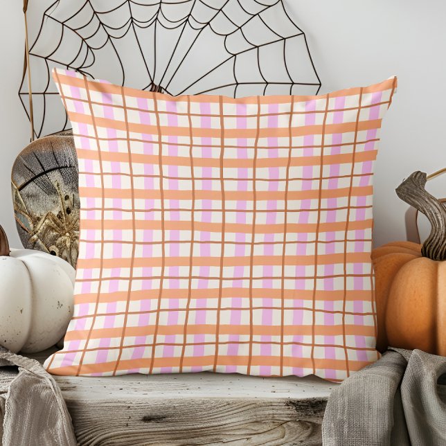 Coussin Main moderne tiré automne orange et violet plaid (Créateur téléchargé)