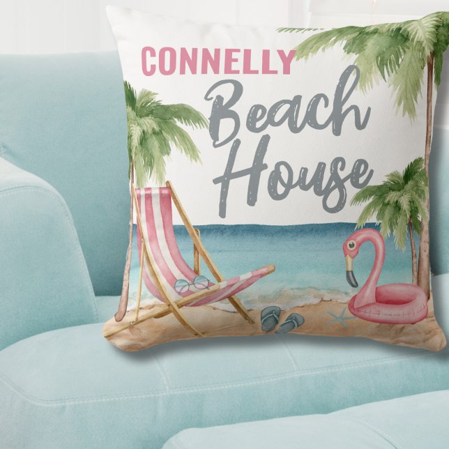 Coussin Maison de plage de l'aquarelle d'été côtière (Personalized Watercolor Beach House Throw Pillow )