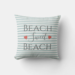 Coussin Maison de plage douce côtière Citation rayée aqua