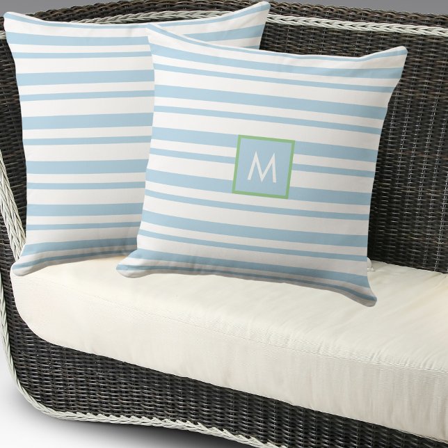 Coussin Maison de plage Monogram Light Blue and White Stri (Créateur téléchargé)