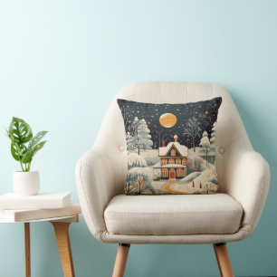 Coussin Maison d'hiver de style gouache vintage