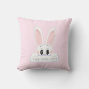 Coussin Maison Douce Maison Lapin Blanc sur Rose Clair