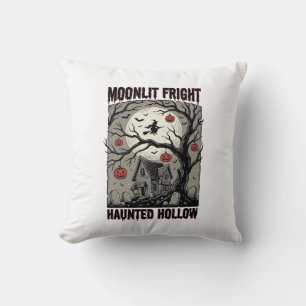 Coussin Maison Hantée Halloween Gravure Vintage Lune Shi