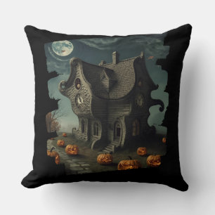 Coussin Maison Haunween avec Citrouilles et Pleine lune