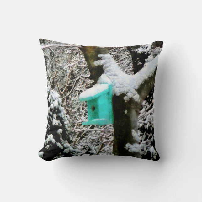 Coussin Maisonnette Turquoise en Hiver (Recto)