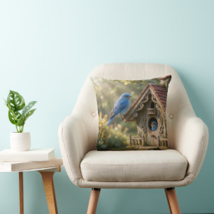 Coussin Maisonnette victorienne avec merles bleus